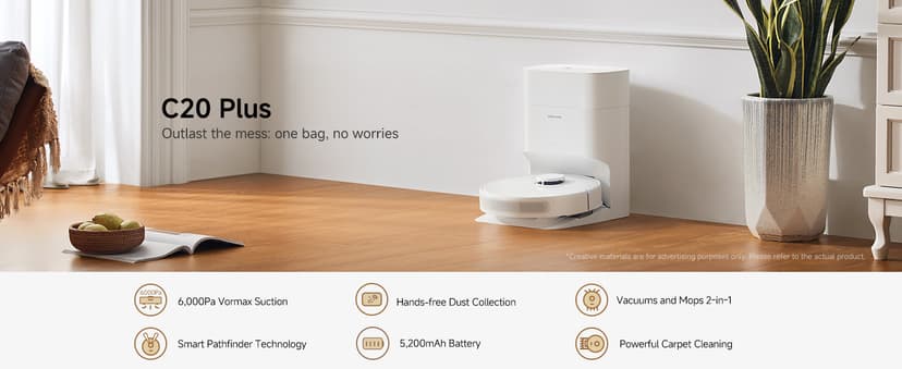 DREAME C20 Plus Robot Vacuum, 90 Days Self-Emptying Robot Vacuum and Mop Combo, 6000Pa Suction Robotic Vacuum, LiDAR Navigation, APP/Voice Control, Robot Vacuum Cleaner for Pet Hair/Carpet/Hard Floor