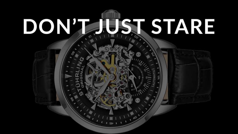 Stuhrling Original Mens Automatic Skeleton Watch - Black Leather Strap, Mechanical Silver Executive Watch