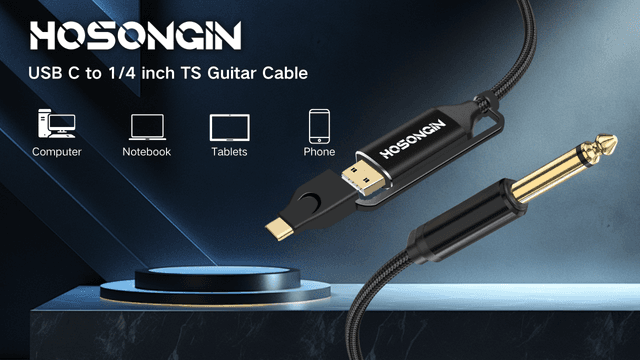 HOSONGIN USB Guitar Cable, Dual USB-C and USB-A Connectors, 16-bit/48kHz High-Fidelity Audio Adapter for Electric Guitar/Bass, Compatible with GarageBand, Audacity, and MacBook, 10 Feet
