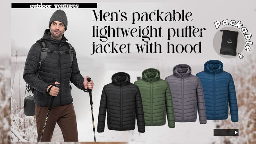 Outdoor Ventures Men's Lightweight Packable Hooded Puffer Jacket Insulated Winter Coat for Snow Ski Traveling