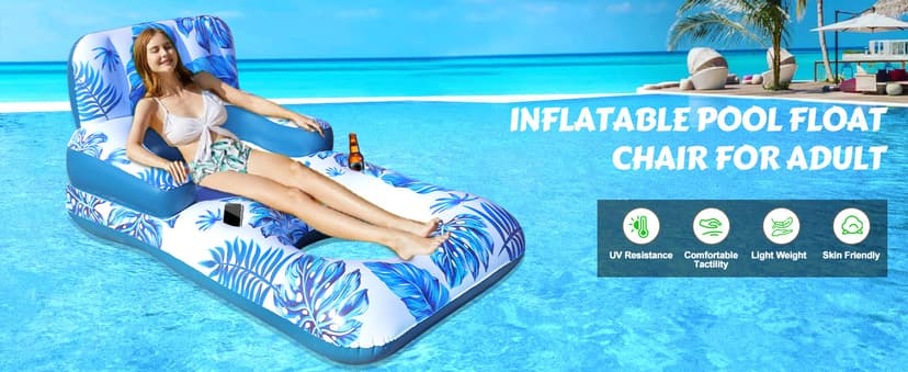Pool Floats Adult, Pool Floaties with Cup Holder and Phone Holder, Pool Lounger Float with Headrest, Backrest and Footrest, 65" Thicken PVC Inflatable Pool Float for Adult Pool Party Beach Cool