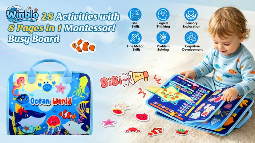 Winblo Toddler Busy Board - Montessori Toys for Toddler Boy Girl Birthday Gift, Educational Learning Sensory Busy Book for Toddlers Boys, Toddlers Activities Travel Toys for Airplane Car B0GYQZCVWG