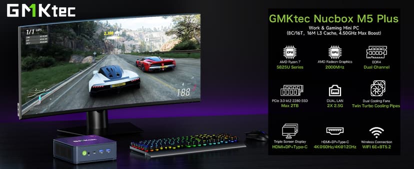 GMKtec M5 Plus Gaming Mini PC Ryzen 7 5825U (Upgraded 7430U), 32GB RAM 1TB SSD Dual NIC LAN 2.5GbE Desktop Computers Office Home, Triple 4K Display, WiFi 6E, USB3.2, USB-C, BT 5.2, DP, HDMI