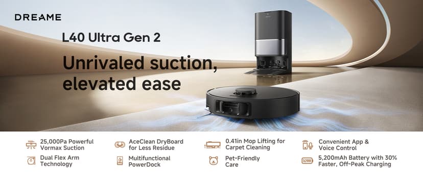 DREAME L40 Ultra Gen 2 Robot Vacuum and Mop with 25,000Pa Suction, Extendable Side Brush and Mop, All-in-One Self-Emptying & Cleaning Dock, Voice & App Control, Black