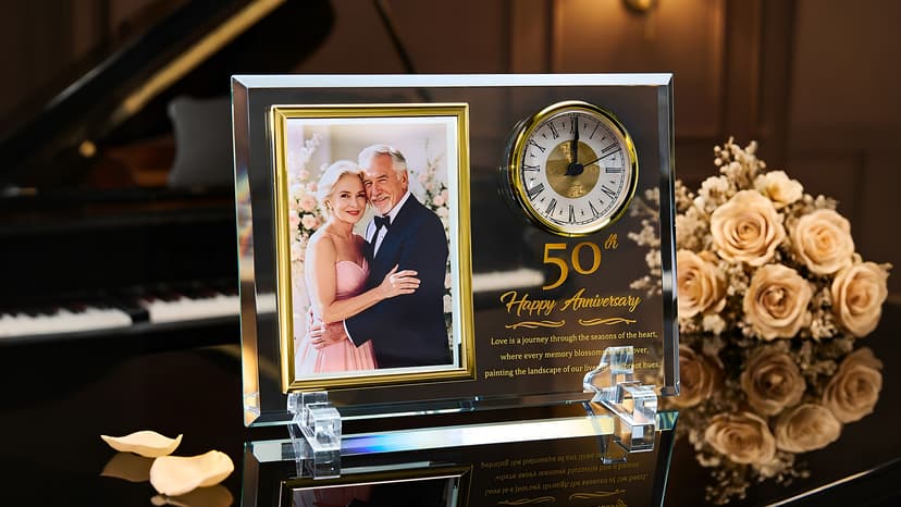 Dxaeqr 50th Wedding Anniversary Keepsake for Couples, Crystal Glass Photo Frame Clock, Golden Anniversary Present for Parents Grandparents Wife Husband, Holds 4x6 Photo B0G6WN24TD