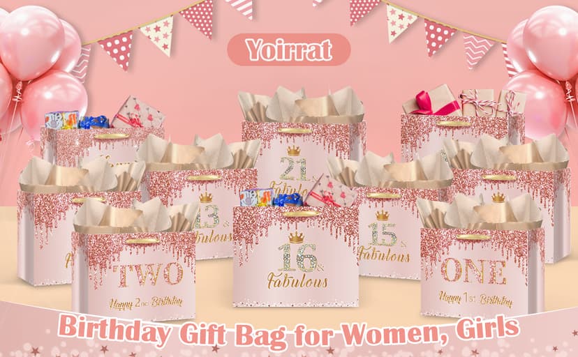 Yoirrat Rose Gold 60th Birthday Gift Bag for Women 60 & Fabulous Large Pink Happy 60th Birthday Gift Bag with Wrapping Paper and Card for 60th Bday Decorations Party Supplies