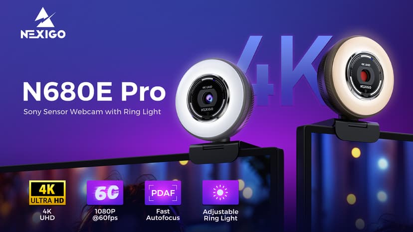 NexiGo N680E Pro 4K Webcam with Ring Light, PDAF Autofocus, 1080p 60FPS, Dual Noise-Canceling Mics, Privacy Shutter, USB Plug-and-Play for Zoom, Teams, Twitch, Google Meet