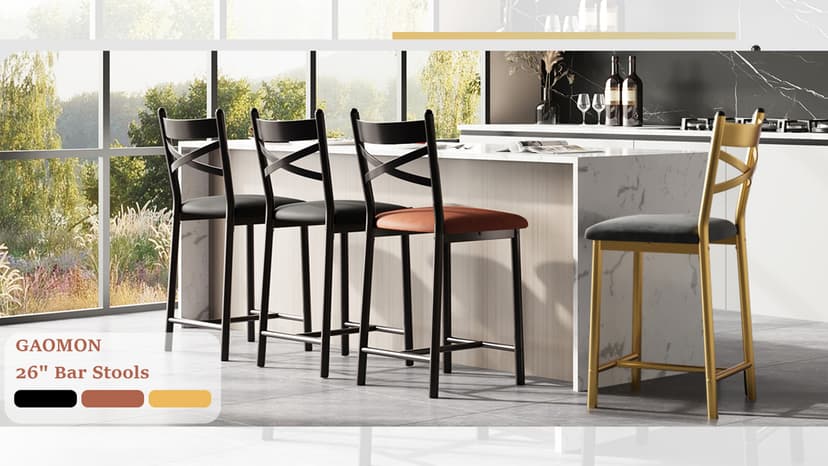 22" Bar Stools Set of 4, Counter Height Bar Stools with PU Upholstered Seat, Metal Frame Kitchen Bar Chairs with X-Design Back and Footrest for Kitchen Island, Counter Bar, Dining Room, Black
