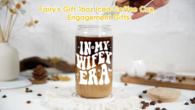 Fairy's Gift Wifey Era Cup, Wedding, Bride Gifts for Her, Bridal Shower, Engagement Gifts for Women, Couples, 16 oz Coffee Glass Cups w/Lids Straws, Bachelorette Presents for Bride to be, Future Mrs