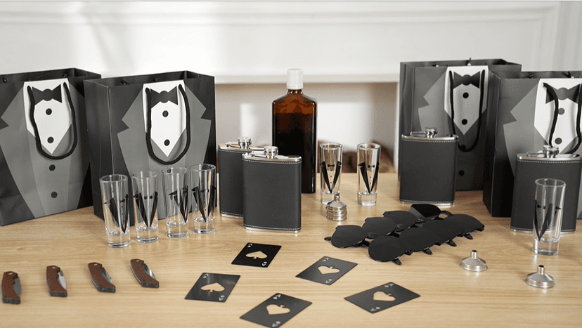 Tioncy 48 Pcs Groomsmen Proposal Gift 8 Engraved Pocket Knife 8 Groomsmen Gift Bags 8 Shot Glasses with Tuxedos 8 Stainless Steel Hip Flask 8 Poker Card Bottle Opener 8 Sunglasses