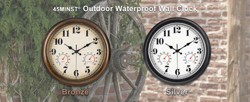 45MinST 13-Inch Vintage Outdoor Wall Clock with Thermometer and Hygrometer, Waterproof, Large Numbers, Silent, for Indoor and Outside Use,Porch,Garden,Pool(Black Frame with Silver Trim)