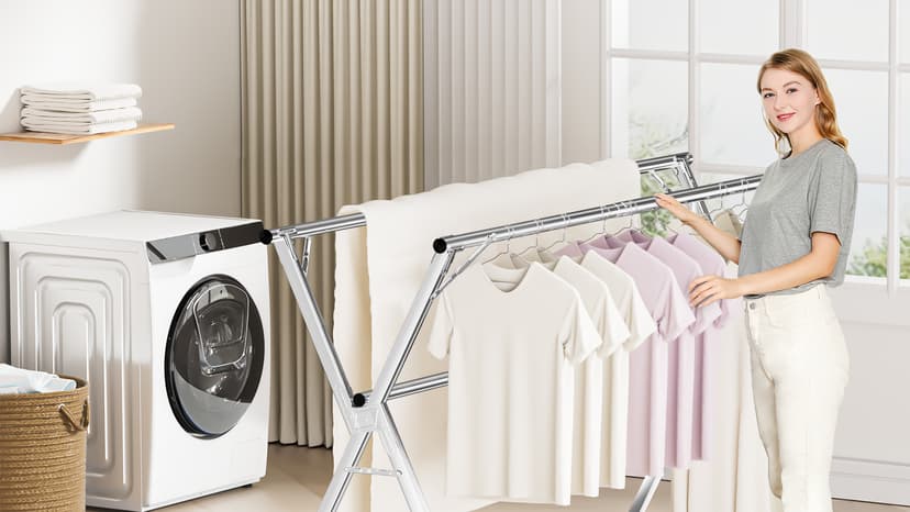 JAUREE 95 Inches Clothes Drying Rack, Drying Rack Clothing Folding Indoor Outdoor, Heavy Duty Stainless Steel Laundry Rack, Foldable Portable Large Clothes Rack Garment Rack with 20 Windproof Hooks