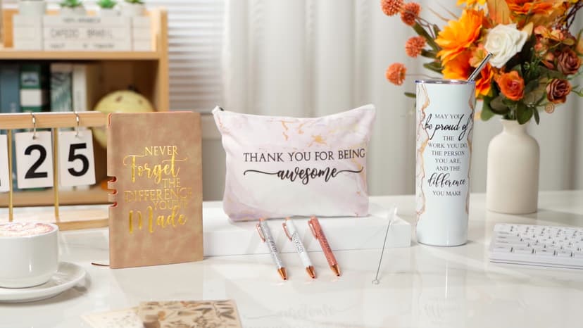Female Thank You Work Anniversary May You Be Proud 20oz Tumbler Makeup Bag Journal Gift for Boss Teacher Custodian Customer Domensi 6 Pcs Employee Appreciation Gift Set for Women, White B0CHYMKWLB