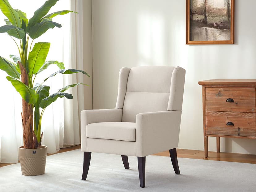 Zihanhome High Back Living Room Chairs, Fabric Accent Chair, Comfy Upholstered Armchair with Wooden Legs for Living Room, Bedroom, Apartment (1, Beige)