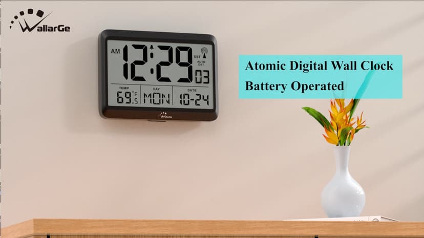 WallarGe Atomic Digital Wall Clock Battery Operated, Self-Setting, Large Display with Temperature, Date, Day of The Week, Silent Wall Mount Digital Clock, 4 Time Zones, DST