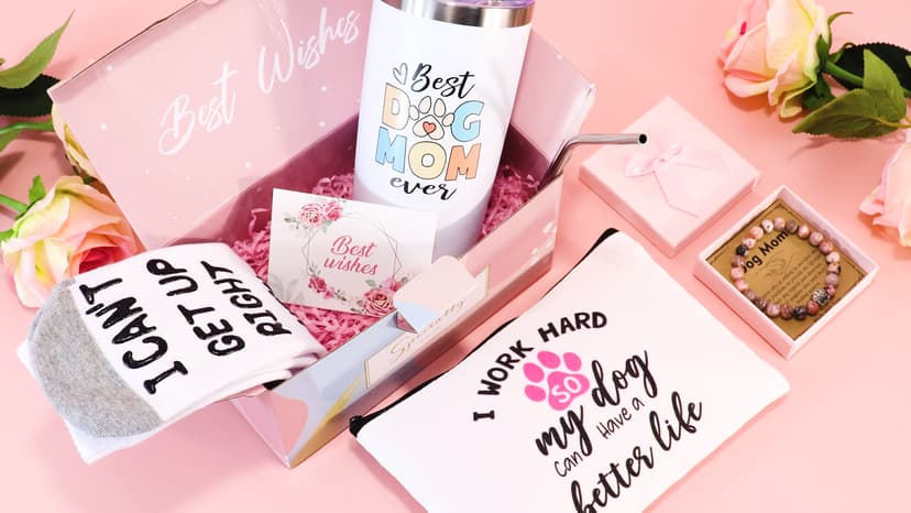 Dog Mom Dog Lover Gifts for Women, 20oz Wine Tumbler Set with Makeup Bag & Natural Stone Paw Bracelets & Socks for Women - Perfect for Birthdays, Mothers Day & Christmas