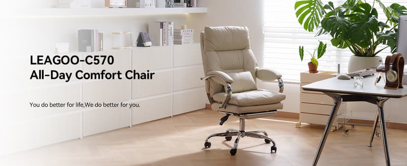LEAGOO Office Chair with Foot Rest, Ergonomic Executive Office Chair with Arms, Reclining High Back PU Leather Comfy Swivel Computer Desk Chairs with Wheels and Lumbar Support for Home Office, Cream