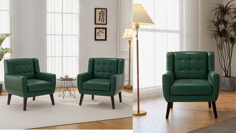 Accent Chair, Mid-Century Modern PU Leather Chairs with Arms for Living Room, Comfy Upholstered Club Single Sofa Armchair for Bedroom Waiting Room with Solid Wood Frame(Leather Black, Set of 2)