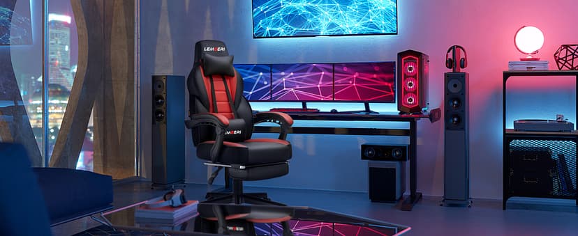 LEMBERI Big and Tall Gaming Chair 400lb Capacity, Heavy-Duty Office Chair with Reinforced Footrest, Wide Seat High Back PC Desk Chair with Linkage Armrests, Thickened Steel Frame, PU Leather, Red