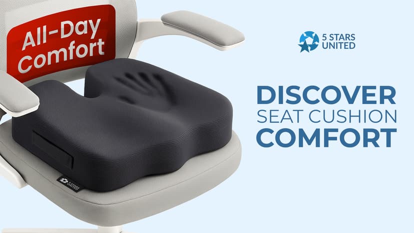 5 STARS UNITED Seat Cushion - Memory Foam Chair Cushion for Tailbone Pain Relief - Ergonomic Support for Coccyx, Sciatica & Butt - Office, Desk & Gaming Chair, Car Seat, Wheelchair, Airplane, Black