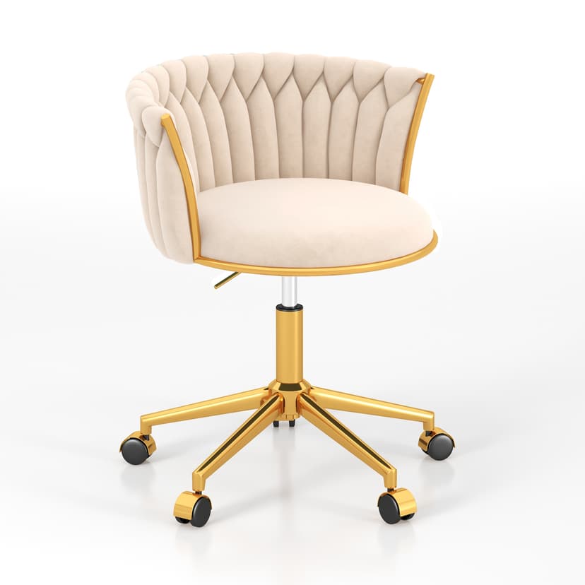 HENGJIANYI Velvet Woven Home Office Chair, Modern Swivel Desk Chair with Wheels, Height Adjustable Vanity Chair with Gold Metal Base and Hand Weaving Back, Beige
