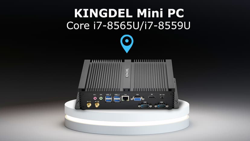 KINGDEL Fanless Industrial Computer, Mini PC, core i7 8th Gen. CPU, 16GB RAM 512GB NVMe SSD, 4K: 4096x2304, HD Port, VGA, 4xUSB 3.0, 2xCOM RS232, WiFi+Bluetooth, Metal Case