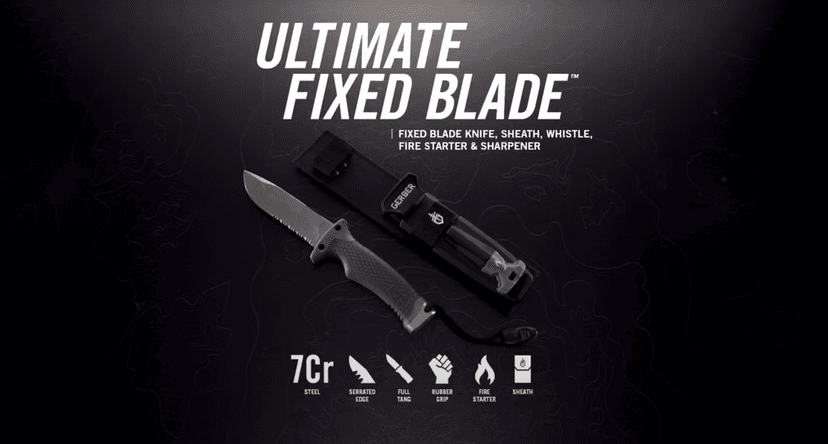 Gerber Gear Ultimate Survival Knife, Fixed Blade Knife with Combo Edge, includes Fire Starter Edge and Ferro Rod, Whistle, Sheath with Integrated Sharpener - Bushcraft, Hunting and Camping Tool