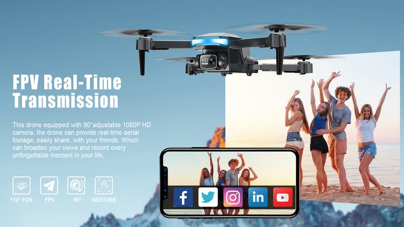 Drone with Camera, 1080P FPV Foldable Drone with Stable Altitude Hold, Gravity Control, Trajectory Flight, 90° Adjustable Lens, One Key Take Off, 2 Batteries, RAGPIP X66 Drone Toy for Kids Adult Beginners
