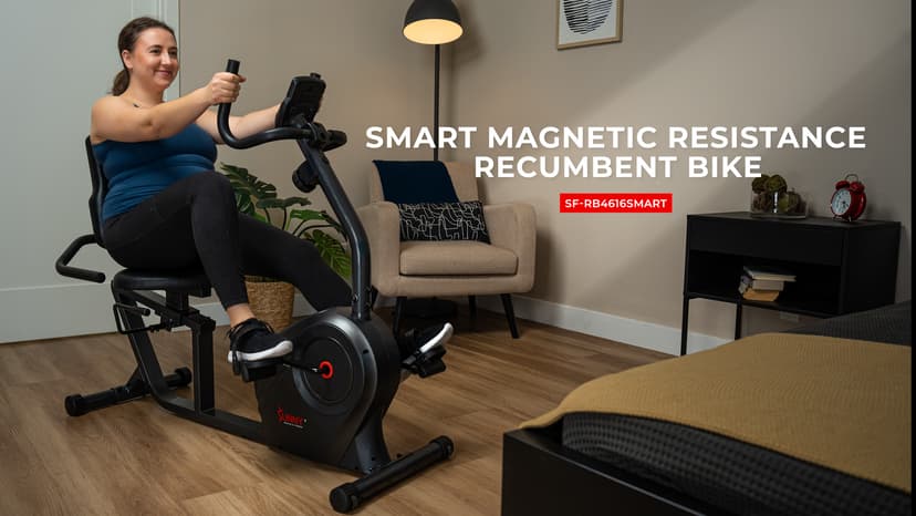 Sunny Health & Fitness Smart Heavy-Duty Recumbent Bike w/Wide Cushioned Seat & Back, Indoor Cycling Machine for Adult/Seniors Home Exercise, Free SunnyFit App Connect, Optional Workout Training Bands