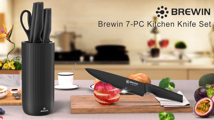 Knife Set, Brewin Kitchen Knife Set, Knives Set for Kitchen, Universal Knife Block, Utility Knife Block Set, New Home Essentials, Apartment Essentials, Dishwasher Safe