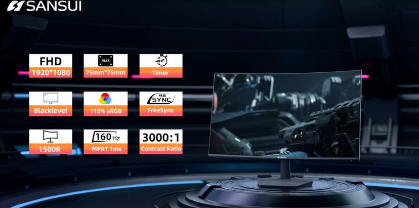SANSUI 24 Inch Curved 160Hz Gaming Monitor,1500R Curved Gaming Monitor FHD 1080P Computer Monitor,MPRT 1ms Fast VA Display,Freesync,HDR,3000:1, HDMI2.0,DP1.4, VESA Support(ES-G24C1L HDMI Cable Incl.)