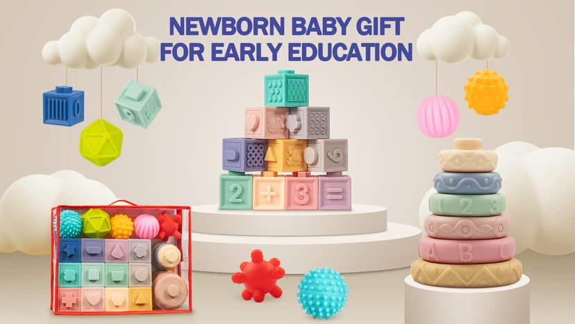 Jyusmile Baby Toys 6-12 Months, Montessori Toy for Babies 6-12 Months, Incl Stacking Building Blocks & Soft Infant Teething Toys & Sensory Balls for Toddlers 0-3-6-9-12 Month B0B2P5GK1Y