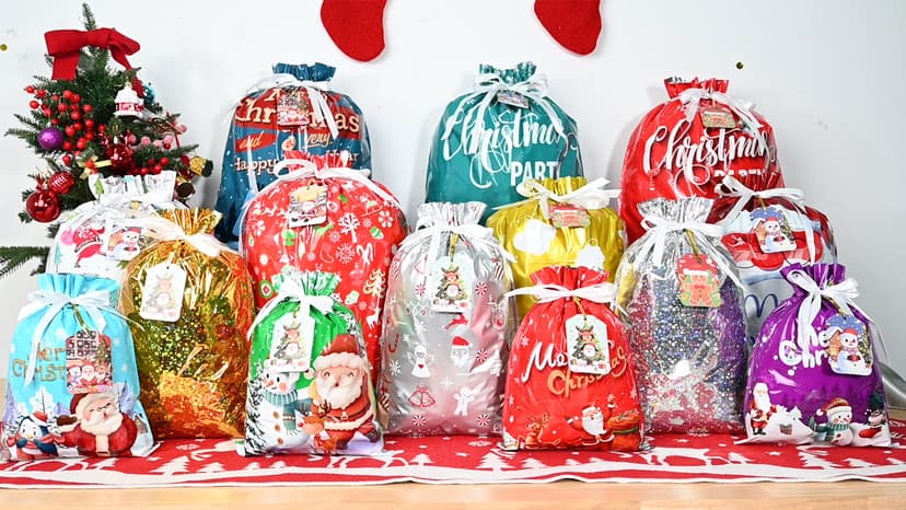 14 Styles Colorful Xmas gifts Bags with 20 Cards for Gifts Holiday Present Wrapping Xmas Decor 20 Pcs Christmas Drawstring Gift Bags, Assorted Sizes with More Large Bag. B0H7MP6FX5