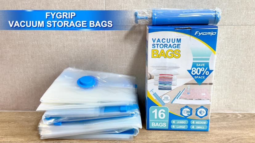 16 Pack Vacuum Storage Bags with Hand Pump, 4 Jumbo + 4 Large + 4 Medium + 4 Small Plastic Packaging Bags, 80% Space Saver Vacuum Seal Bags for Clothing, Travel Lugggage, Blankets, Comforters