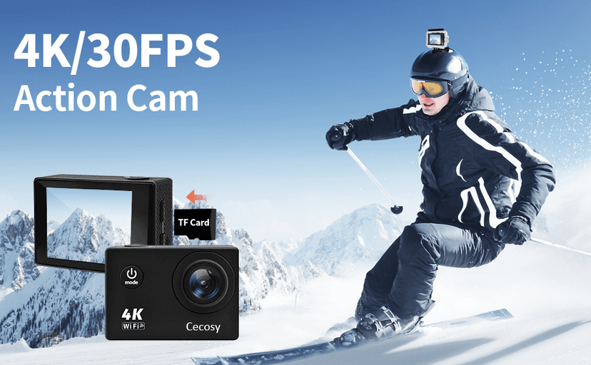 Cecosy Action Camera 4K 30FPS, Waterproof Camera 30M Underwater Ultra HD 131FT 170°Wide Angle Shooting, with 2 x 1050 mAh Batteries for Cycling, Ice Skating, Skiing, Fishing, Climbing