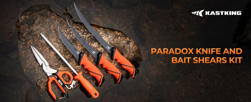 KastKing Paradox Fishing Knife Tool Set – Includes 9" & 7" Fillet Knives, 5" Bait Knife, 9" Versatile Bait Shears, 12" Honing Rod, Non-Slip Handles, Custom Sheaths, and Carrying Case – Fishing Gear