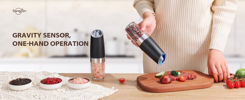 Sangcon Gravity Electric Salt and Pepper Grinder Set Automatic Shakers Mill Grinder with LED Light, BATTERY POWERED Adjustable Coarseness One Hand Operation, Upgraded Larger Capacity