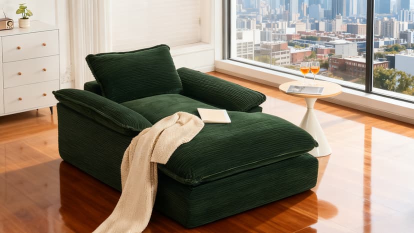 Oversized Chaise Lounge Chair Indoor, 67" Boneless Chaise Lounge with Extra Deep Seat, Comfy Corduroy Upholstered Sleeper Sofa Bed, Cozy Fluffy Single Sofa Armchair for Living Room, Black