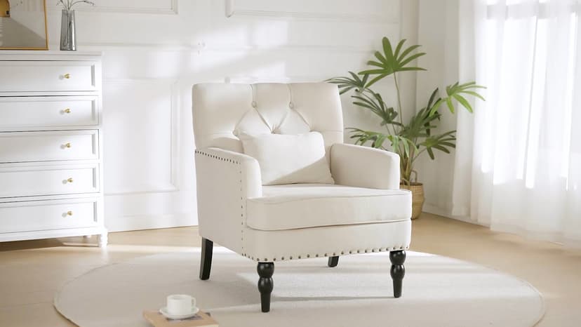 HUIMO Tufted Club Chair,Accent Chair with Lumbar Pillow, Upholstered Button Armchair, Linen Fabric Sofa Chairs for Bedroom, Living Room, Mid Century Modern with Studded Reading Chair Beige