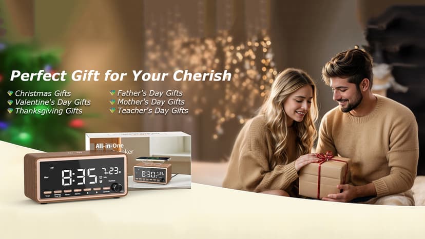 Digital Alarm Clocks Radio for Bedrooms,FM Radio & White Noise Sound Machine with Timer,Bluetooth Speaker,Dual Alarm Clock with Wireless Charging,Dimmable Big LED Display,Holiday Gifts for Men Women