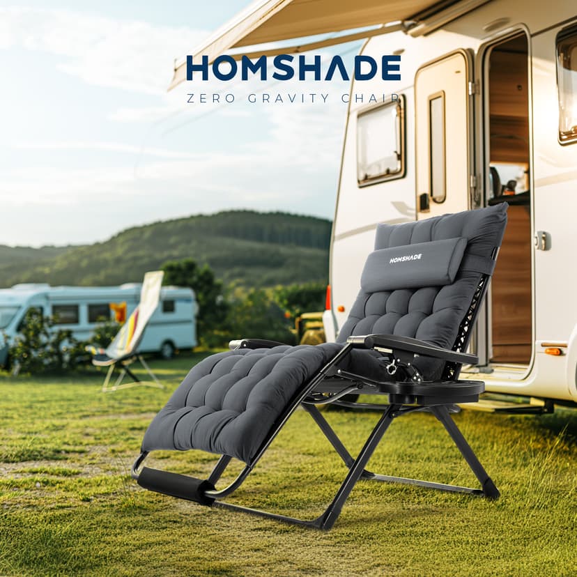 HOMSHADE Oversized Zero Gravity Chair, 33In XXL Outdoor Recliner Chair w/Removable Cushion&Headrest, Reclining Patio Chairs for Indoor, Camping Lounge Chair with Footrest, Support 500LBS, Black