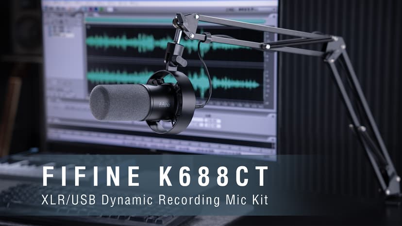 FIFINE K688 Podcast Microphone Kit, USB/XLR Dynamic Microphone with Boom Arm for PC/XLR Mixer, Gaming Mic with Mute Button, Headphone Jack for Vocal, Voice-Over, Streaming, Music Recording -K688CT