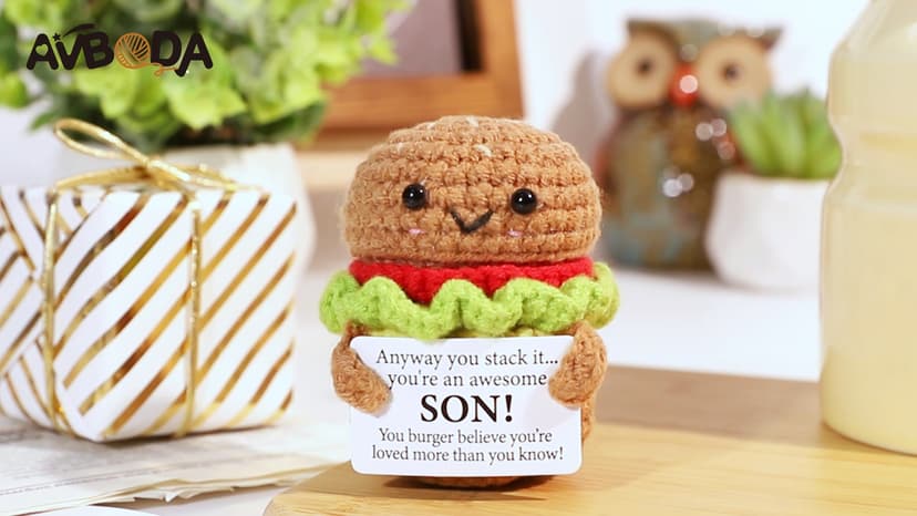 Mini Birthday Gift for Son from Dad Mom Handmade Crochet Burger for New Dad Son-in-Law Adult Sons New Father Christmas Basket Idea from Parents to Sons from Mother Father