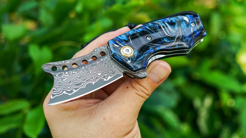 VNLA Handmade VG10 Damascus Steel Folding Pocket Knife - 2.2-Inch Blade, Liner Lock, One-of-a-Kind Random Resin Handle, Cowhide Sheath - Premium Men's EDC Gift for Outdoor Enthusiasts
