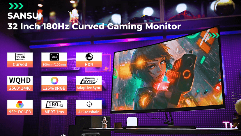 SANSUI 32-Inch Curved Gaming Monitor WQHD 2560 x 1440 180Hz Curved 1500R -Fast VA,1ms(OD), HDR, 300nits, sRGB 125%, DCI-P3 95%, FreeSync, HDMI x2, DP1.4x2(DP Cable Included)
