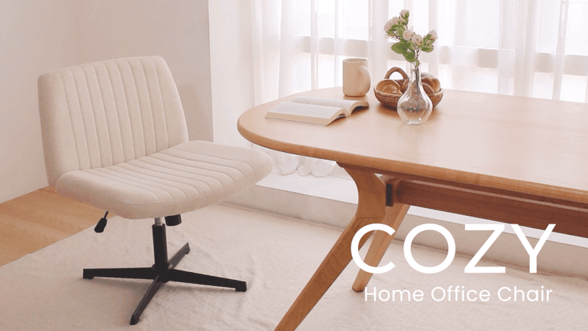 NEO CHAIR Criss Cross Chair No Wheels Armless Cross Legged Office Desk Wide Comfy Vanity Makeup Chair Adjustable Computer Task for Home Office Fabric (Beige)