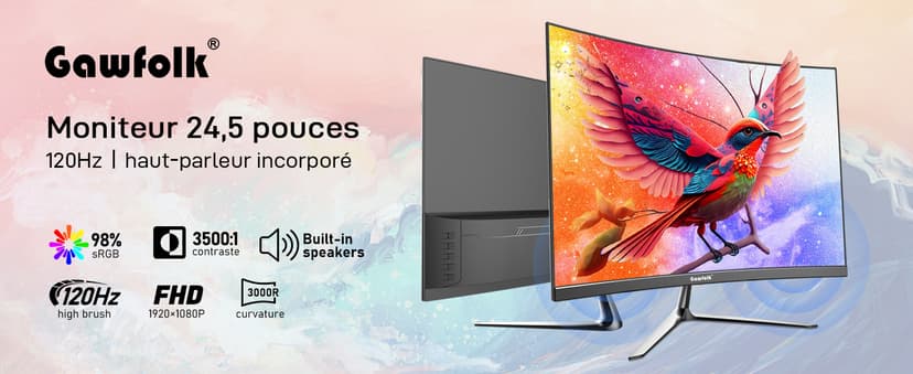 Gawfolk 24.5 Inch Gaming Curved Monitor Built-in Speakers, 3000R 120Hz PC Screen Full HD 1080P, HDMI 2.0, VGA, Wall Mount Compatible 75 * 75mm