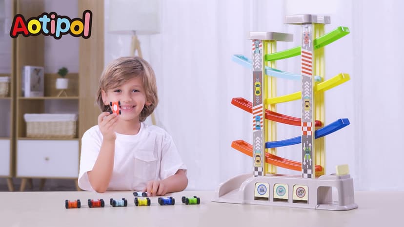 Race Track with Garages and Parking Lots, Car Toys Birthday Gift for Boys Girls Age 18+ Months, Preschool, Fine Motor Skills Montessori Toys for 2 3 Year Old Boys Toddlers, Car Ramp Toys with 6 Cars B08ZN3W7DV
