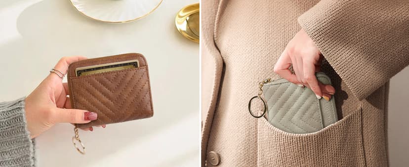 BOSTANTEN Credit Card Holder Wallet RFID Blocking Leather Small Wallet for Women Zipper Keychain Wallet with Wristlet Beige＆Brown