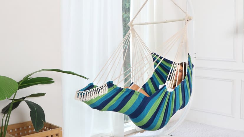Chihee Hammock Chair Hanging Chair with Foot Rest 2 Cushions Max 500lbs Robust Metal Spreader Bar Collapsible Easy Storage Soft Cotton Swing Chair Strong Strap Iron Carabiner Side Pocket Included